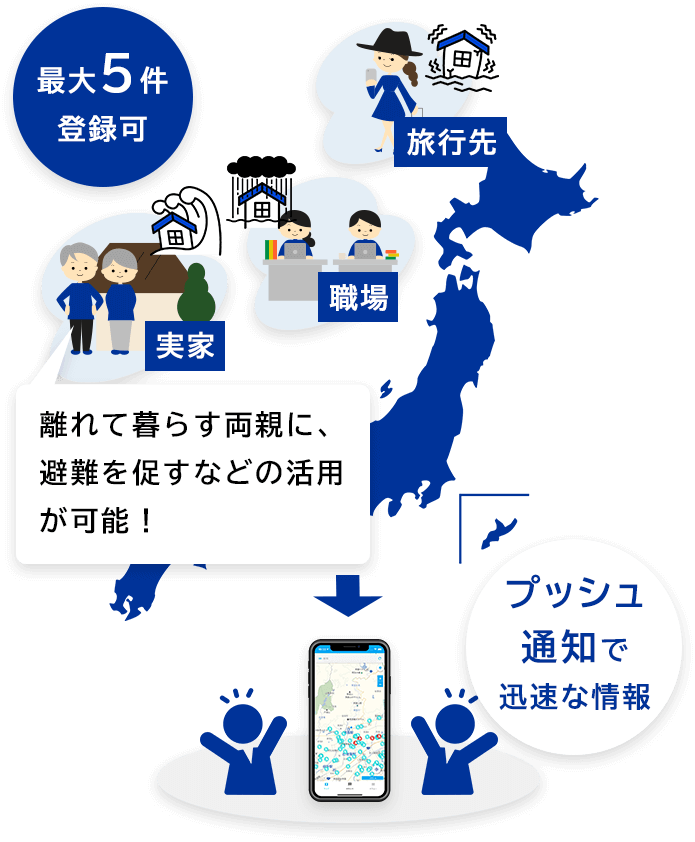 旅行先、職場、実家など、最大5件登録可能。プッシュ通知で迅速な情報。